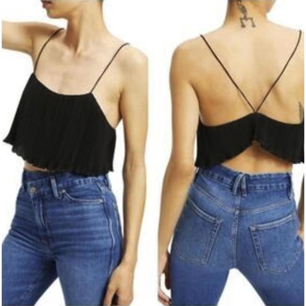 Good American Black Pleated Pliss Spaghetti Strap Crop Top - Size - 5/6 - NWOT